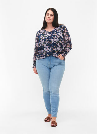 ZizziBloemenblouse met lange mouwen en v-hals, Blue Small Fl. AOP, Model image number 2