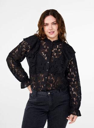 ZizziKanten overhemd-blouse met ruches, Black, Model image number 0