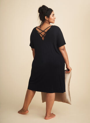 ZizziViscose jurk met rugdetail en korte mouwen, Black, Image image number 0