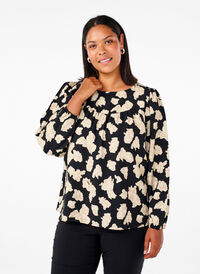 Blouse met lange mouwen, print en strikjes, Black AOP, Model