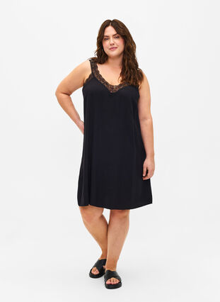 ZizziSpaghetti-jurk van viscose met kant, Black, Model image number 2