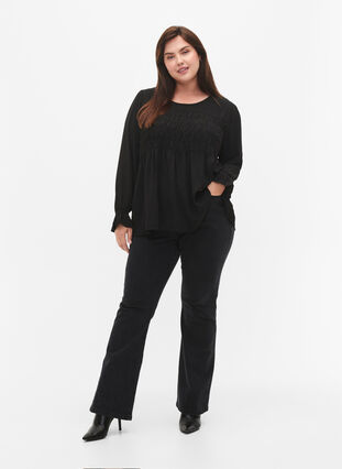 ZizziGesmokte blouse met lange mouwen, Black, Model image number 2