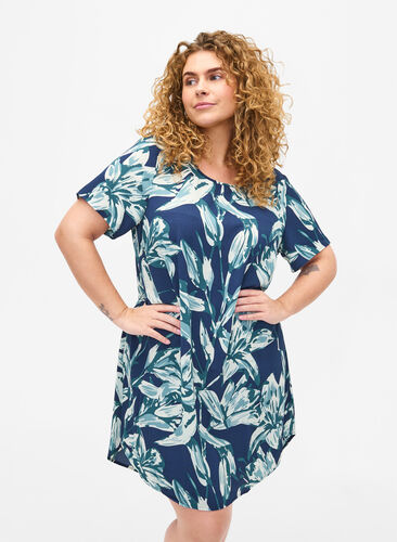 ZizziJurk met print en korte mouwen, Navy B.Big FlowerAOP, Model image number 0