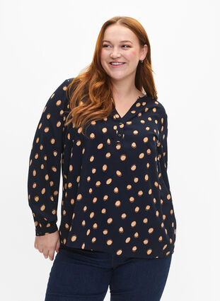 ZizziFLASH - Blouse met lange mouwen en print, Blue Double Dot, Model image number 0