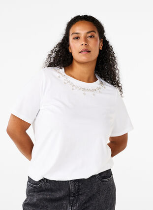 ZizziT-shirt met ronde hals en strass-steentjes, Bright White, Model image number 0