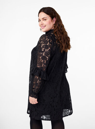 Zizzi Robe courte en dentelle à jabot, Black, Model image number 1