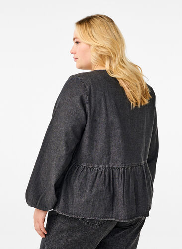 ZizziPeplum blouse van denim met striksluiting, Dark Grey Denim, Model image number 1