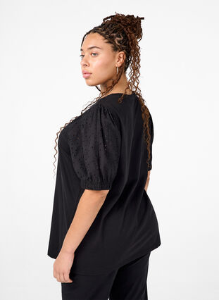 ZizziBiologisch katoenen blouse met broderie anglaise mouwen, Black, Model image number 1