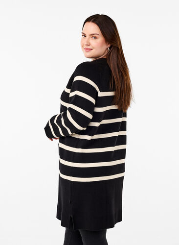 Zizzi Robe en maille avec col rond à fente, Black Birch Stripes, Model image number 1