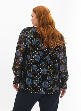 ZizziBloemenblouse met lange mouwen en v-hals, Black Blue Flower , Model image number 1