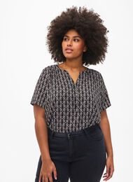 Blouse met korte mouwen en v-halslijn, Black S.Graphic AOP, Model