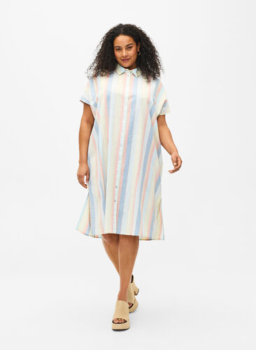 Zizzi Chemisier long en mélange de coton avec du lin, Multi Color Stripe, Model image number 0