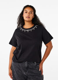 T-shirt à col rond et strass, Black, Model