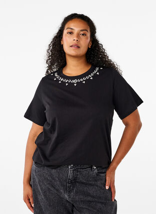 ZizziT-shirt met ronde hals en strass-steentjes, Black, Model image number 0