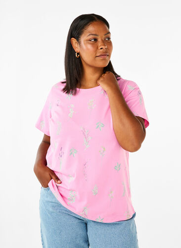 Zizzi T-shirt en coton biologique avec imprimé floral, Rosebloom W. Flower, Model image number 0