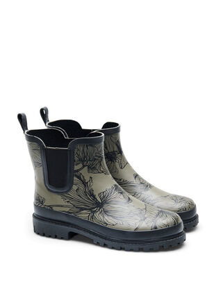 Zizzi Bottes en caoutchouc à largeur courte avec imprimé, Dusty Olive Flower, Packshot image number 1