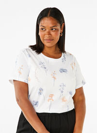 T-shirt en coton biologique avec imprimé floral, White W. Blue flower, Model