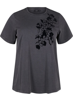 Zizzi Tee-shirt en coton biologique avec imprimé, D.Grey Wash W. Flok, Packshot image number 0