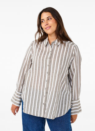 Zizzi Chemise ample à rayures, Sand w. Black Stripe, Model image number 0