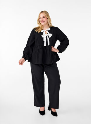 ZizziViscose blouse met strikjes en lange mouwen, Black White Bow, Model image number 2