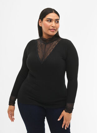 ZizziGeribde viscose blouse met kant, Black, Model image number 0