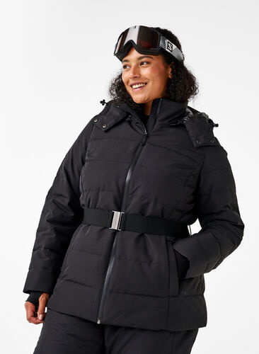 Zizzi Veste de ski avec capuche et ceinture, Black, Model image number 0