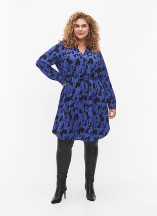 ZizziBedrukte jurk met koord in de taille, Black Blue AOP, Model image number 2