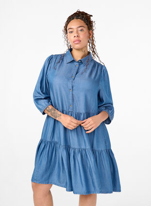 Zizzi Robe en jean en TENCEL™ Lyocell avec manches 3/4, Blue Denim, Model image number 0