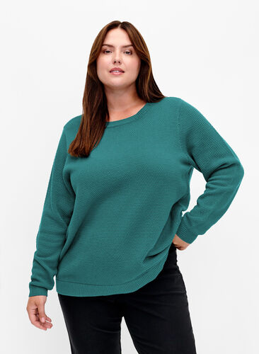 Zizzi Blouse en coton tricoté avec structure, Deep Lake, Model image number 0