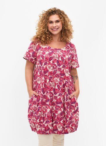 ZizziBedrukte katoenen jurk met korte mouw, Raspberry Sorbet, Model image number 0