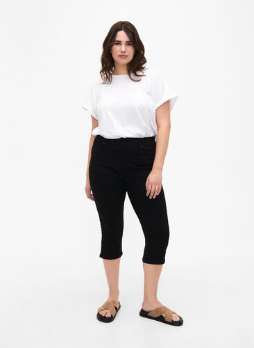 ZizziDenim capribroek met elastische tailleband, Black, Model image number 0