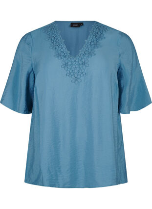 ZizziBlouse van viscose met v-hals en borduursel, Blue Heaven, Packshot image number 0