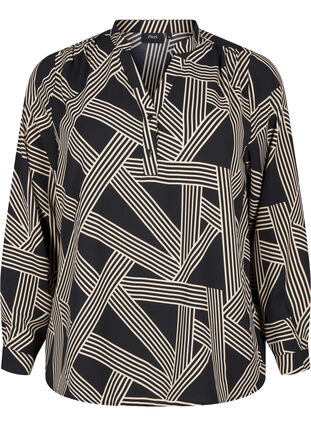 ZizziBlouse met lange mouwen en V-hals, BLACK BEIGE GRAPHIC, Packshot image number 0