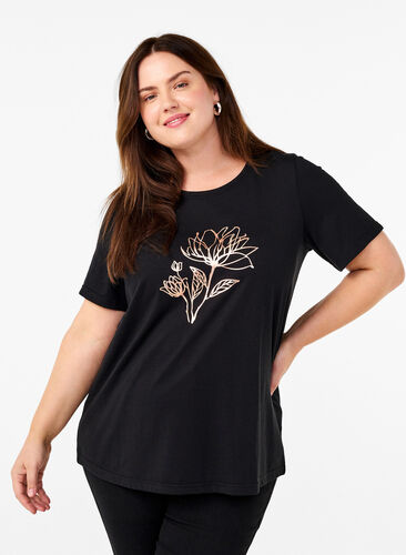 Zizzi FLASH – T-shirt imprimé, Black R. Gold Flower, Model image number 0