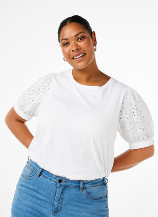 Zizzi Chemisier en coton biologique avec manches en broderie anglaise, Bright White, Model image number 0