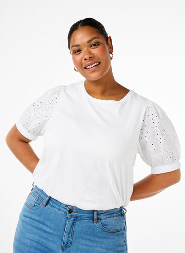 ZizziBiologisch katoenen blouse met broderie anglaise mouwen, Bright White, Model image number 0