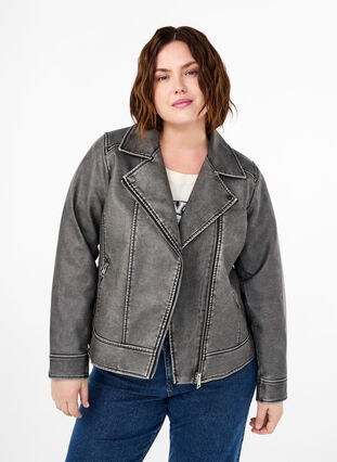 ZizziVersleten imitatie leren jas, Dark Grey Wash, Model image number 0