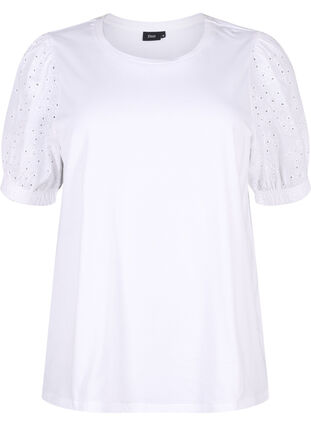 ZizziBiologisch katoenen blouse met broderie anglaise mouwen, Bright White, Packshot image number 0