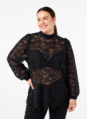 ZizziKanten blouse met strikdetail, Black, Model image number 0