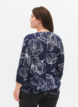 ZizziViscose blouse met bloemenprint en smokwerk, Navy B./Big Fl. AOP, Model image number 1