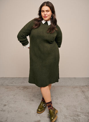 ZizziRibbed Knit Dress met col, Forest Night Mel., Image image number 0