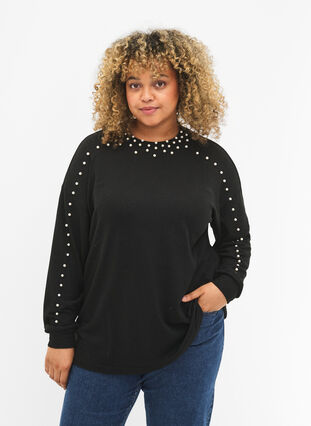 ZizziBlouse met lange mouwen en kralen, Black, Model image number 0