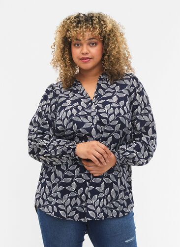 ZizziBlouse met smok en V-halslijn, Navy Leaf, Model image number 0