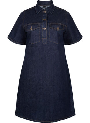 ZizziDenimjurk met korte mouwen en borstzakken, Dark Blue Denim, Packshot image number 0