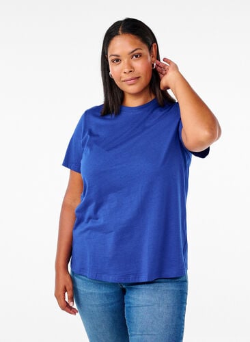 ZizziBasic katoenen T-shirt met ronde hals, Sodalite Blue, Model image number 0