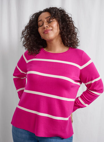 ZizziGebreide viscose blouse met strepen, Fuchsia Red Comb, Image image number 0