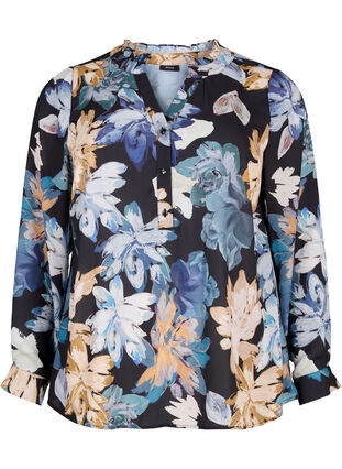 ZizziBlouse met lange mouwen en bloemenprint, Yellow Flower AOP, Packshot image number 0