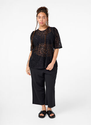 ZizziKanten blouse met korte mouwen, Black, Model image number 2