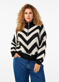 Pull en tricot à col montant avec fermeture éclair, Black Birch Stripe, Model