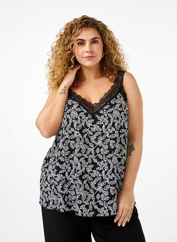 Zizzi Haut en dentelle en viscose, Black w. Wh.Leaf AOP, Model image number 0